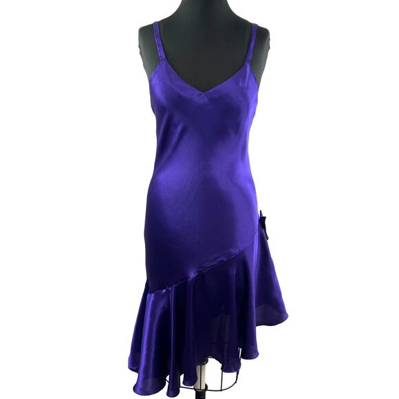 VINTAGE Victoria's Secret Satin Mini Dress Purple Asymmetric Ruffle Sleeveless S - Picture 1 of 9